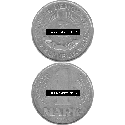 DDR Münze Umlaufmünze / Kursmünze 1972-1990, A 1 Mark 1972-01. Bildmaterial als transparente Graustufen PNG-Grafik mit der Vorderseite und Rückseite vertikal untereinander... Sammlung