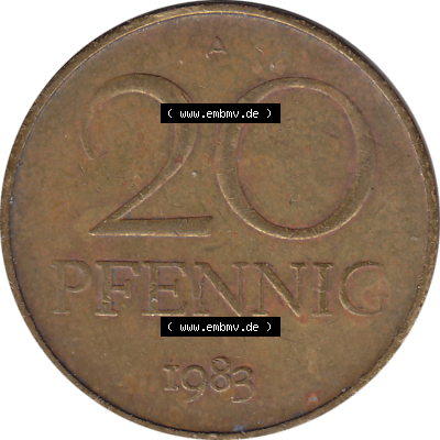 DDR Münze Umlaufmünze / Kursmünze 1969-1990, 20 Pfennig 1983-05, 1980er Jahre, DDR-Telefonmünze. Bildmaterial als transparente PNG-Grafik mit der Rückseite... Sammlung