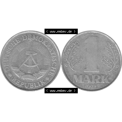 DDR Münze Umlaufmünze / Kursmünze 1972-1990, A 1 Mark 1972-01. Graustufen Bildmaterial als transparente PNG-Grafik mit der Vorderseite und Rückseite horizontal rechts... Sammlung