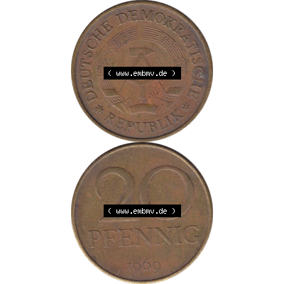 DDR Münze Umlaufmünze / Kursmünze 1969-1990, 20 Pfennig 1969-30, 1960er Jahre, DDR-Telefonmünze. Bildmaterial als transparente PNG-Grafik mit der Vorderseite... Sammlung