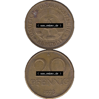 DDR Münze Umlaufmünze / Kursmünze 1969-1990, 20 Pfennig 1973-02, DDR-Telefonmünze. Bildmaterial als transparente PNG-Grafik mit der Vorderseite und Rückseite... Sammlung