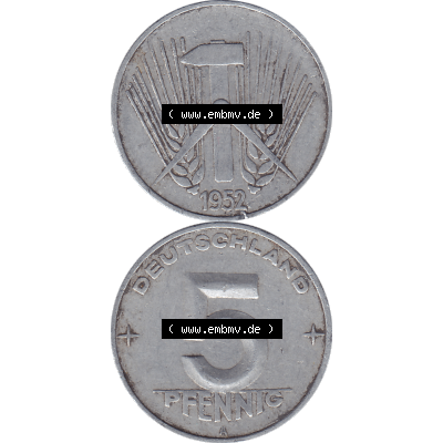 DDR Münze Umlaufmünze / Kursmünze 1952-1953, A 5 Pfennig 1952-02. Bildmaterial als transparente PNG-Grafik mit der Vorderseite und Rückseite vertikal untereinander... Sammlung