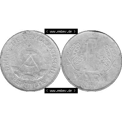 DDR Münze Umlaufmünze / Kursmünze 1972-1990, A 1 Mark 1978-03. Graustufen Bildmaterial als transparente PNG-Grafik mit der Vorderseite und Rückseite horizontal rechts... Sammlung
