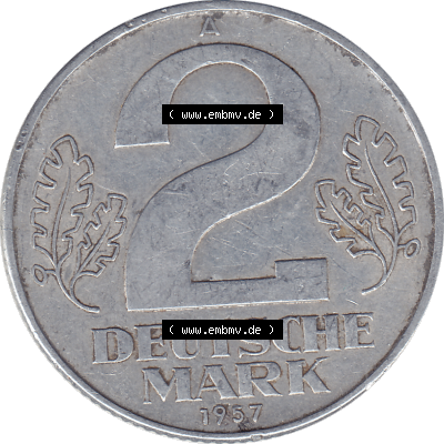 DDR Münze Umlaufmünze / Kursmünze 1957-1957, A 2 Deutsche Mark 1957-2. Rückseite als transparente PNG-Grafik - Bild-Material der 2 / Zwei-Mark Münzen der DDR.... Sammlung