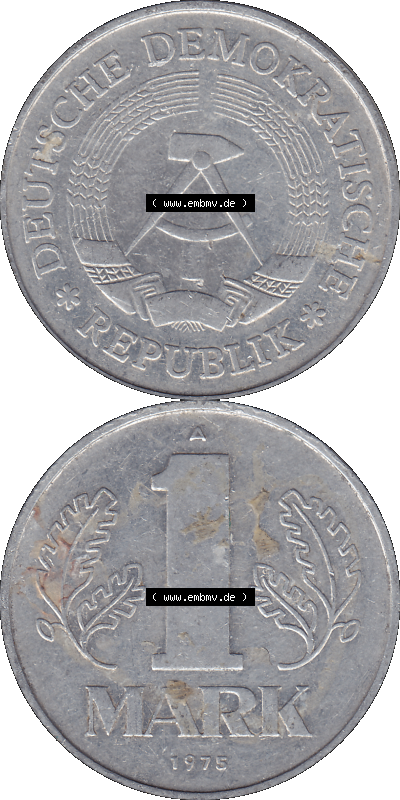 DDR Münze Umlaufmünze / Kursmünze 1972-1990, A 1 Mark 1975 (Stück 1). Vorderseite und Rückseite vertikal untereinander zusammengefügt... Sammlung