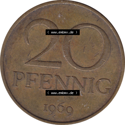 DDR Münze Umlaufmünze / Kursmünze 1969-1990, 20 Pfennig 1969-09, DDR-Telefonmünze. Bildmaterial als transparente PNG-Grafik mit der Rückseite mit Wertzahl... Sammlung