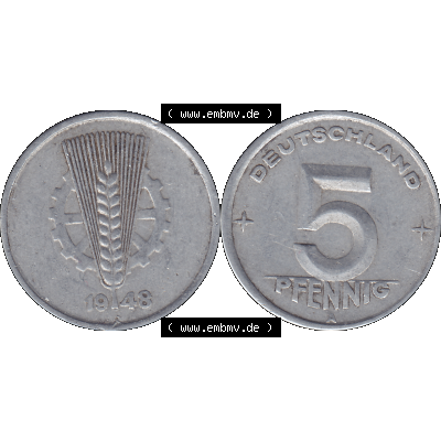 DDR Münze Umlaufmünze / Kursmünze 1948-1950, A 5 Pfennig 1948-01. Bildmaterial als transparente PNG-Grafik mit der Vorderseite und Rückseite horizontal rechts nebeneinander... Sammlung