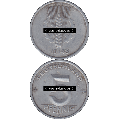 DDR Münze Umlaufmünze / Kursmünze 1948-1950, A 5 Pfennig 1948-03. Bildmaterial als transparente PNG-Grafik mit der Vorderseite und Rückseite vertikal untereinander... Sammlung