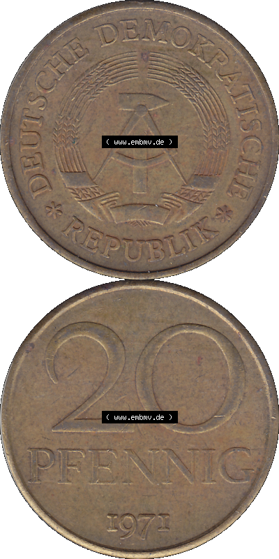 DDR Münze Umlaufmünze / Kursmünze 1969-1990, 20 Pfennig 1971 (Stück 1), DDR-Telefonmünze. Vorderseite und Rückseite vertikal... Sammlung