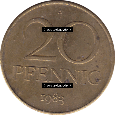 DDR Münze Umlaufmünze / Kursmünze 1969-1990, 20 Pfennig 1983-01, DDR-Telefonmünze. Rückseite als transparente PNG-Grafik - Bild-Material der 20-Pfennig Telefon-Münzen... Sammlung
