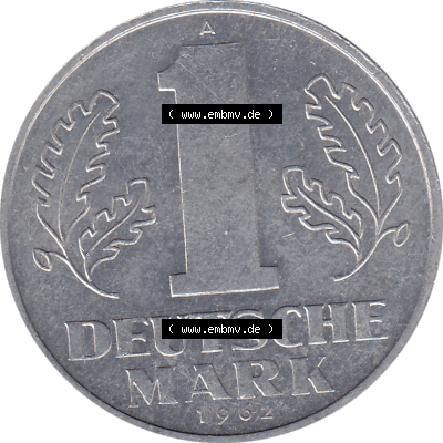 DDR Münze Umlaufmünze / Kursmünze 1956-1963, A 1 Deutsche Mark 1962 (Stück 1). Rückseite als transparente PNG-Grafik - Bild-Material... Sammlung