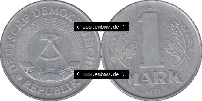 DDR Münze Umlaufmünze / Kursmünze 1972-1990, A 1 Mark 1977 (Stück 6). Bildmaterial als transparente PNG-Grafik mit der Vorderseite... Sammlung