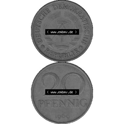 DDR Münze Umlaufmünze / Kursmünze 1969-1990, 20 Pfennig 1969-43, 1960er Jahre, Graustufen. 20 Pfennig DDR Graustufen Bildmaterial als transparente PNG-Grafik... Sammlung