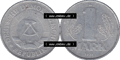 DDR Münze Umlaufmünze / Kursmünze 1972-1990, A 1 Mark 1977 (Stück 5). Bildmaterial als transparente PNG-Grafik mit der Vorderseite... Sammlung