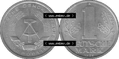 DDR Münze Umlaufmünze / Kursmünze 1956-1963, A 1 Deutsche Mark 1956 (Stück 4). Graustufen Bildmaterial als transparente PNG-Grafik... Sammlung