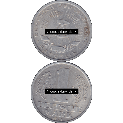 DDR Münze Umlaufmünze / Kursmünze 1956-1963, A 1 Deutsche Mark 1956-05. Bildmaterial als transparente PNG-Grafik mit der Vorderseite und Rückseite vertikal untereinander... Sammlung