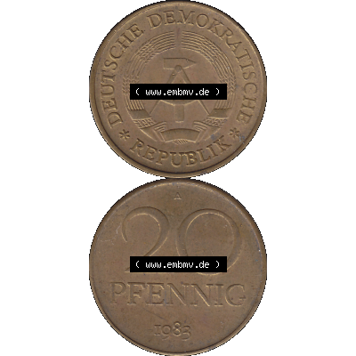 DDR Münze Umlaufmünze / Kursmünze 1969-1990, 20 Pfennig 1983-03, DDR-Telefonmünze. Bildmaterial als transparente PNG-Grafik mit der Vorderseite und Rückseite... Sammlung