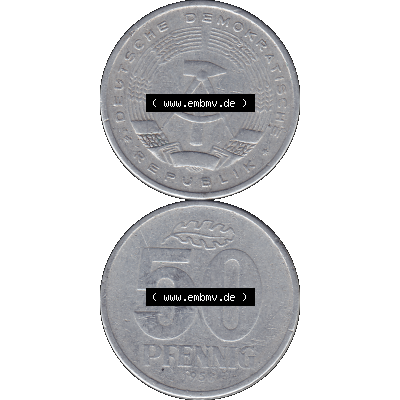 DDR Münze Umlaufmünze / Kursmünze 1958-1990, A 50 Pfennig 1958-1 der DDR-Mark. Vorderseite und Rückseite vertikal untereinander zusammengefügt als transparente... Sammlung