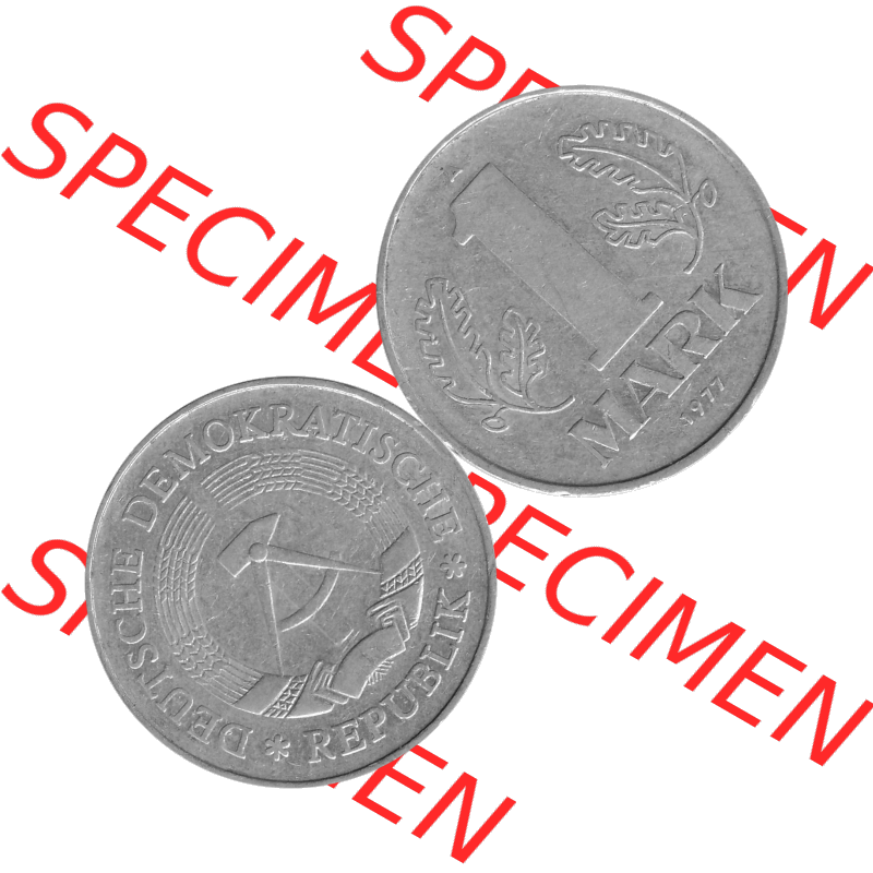 DDR Münze Umlaufmünze / Kursmünze 1972-1990, A 1 Mark 1977-06. Graustufen Bildmaterial als transparente PNG-Grafik mit der Vorderseite und Rückseite horizontal rechts... Sammlung