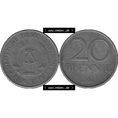 DDR Münze Umlaufmünze / Kursmünze 1969-1990, 20 Pfennig 1969-39, 1960er Jahre, Graustufen. 20 Pfennig DDR Graustufen Bildmaterial als transparente PNG-Grafik... Sammlung
