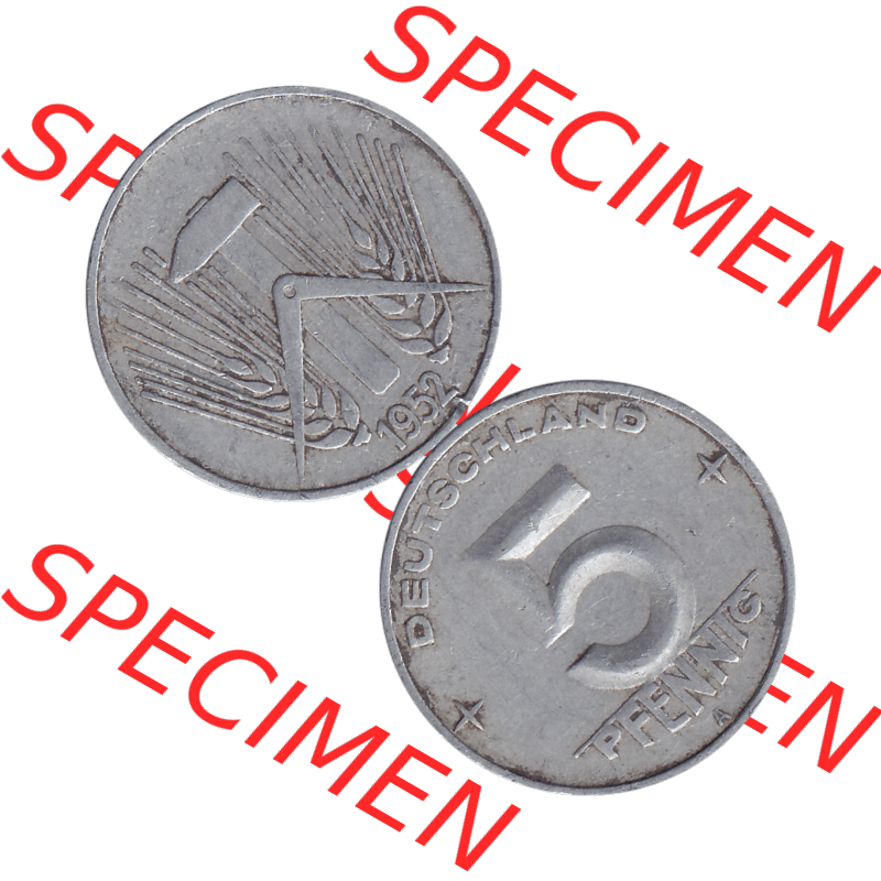DDR Münze Umlaufmünze / Kursmünze 1952-1953, A 5 Pfennig 1952-02. Bildmaterial als transparente PNG-Grafik mit der Vorderseite und Rückseite vertikal untereinander... Sammlung
