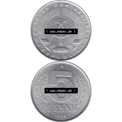 DDR Münze 1948-1990 Umlaufmünze / Kursmünze 1968-1990, Mzz. A für Berlin der DDR 5 Pfennig 1968-05. Bildmaterial als transparente PNG-Grafik mit der Vorderseite... Sammlung