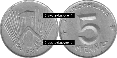 DDR Münze 1948-1990 Umlaufmünze / Kursmünze in Grau 1952-1953, A 5 Pfennig 1952 (Stück 1) Graustufen, sich 5 / Fünf Pfennig-Stücke,... Sammlung
