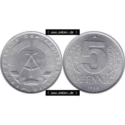 DDR Münze 1948-1990 Umlaufmünze / Kursmünze 1968-1990, Mzz. A für Berlin der DDR 5 Pfennig 1968-05. Bildmaterial als transparente PNG-Grafik mit der Vorderseite... Sammlung