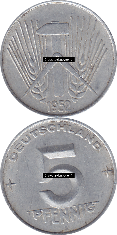 DDR Münze 1948-1990 Umlaufmünze / Kursmünze 1952-1953, Mzz. A für Berlin der DDR 5 Pfennig 1952, 5 / Fünf Pfennig-Stücke Sammlung