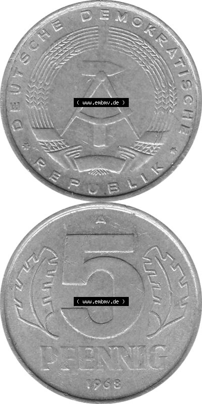 DDR Münze 1948-1990 Umlaufmünze / Kursmünze in Grau 1968-1990, A 5 Pfennig 1968 (Stück 4) Graustufen, sich 5 / Fünf Pfennig-Stücke,... Sammlung