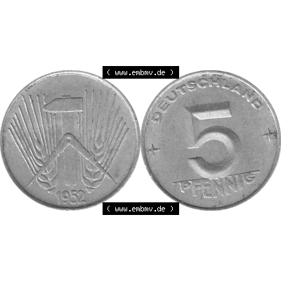 DDR Münze 1948-1990 Umlaufmünze / Kursmünze in Grau 1952-1953, A 5 Pfennig 1952-01 Graustufen. Bildmaterial als Graustufen - s/w - Grau - Schwarzweiß aus farbiger... Sammlung
