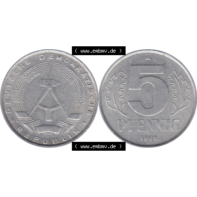 DDR Münze 1948-1990 Umlaufmünze / Kursmünze 1968-1990, Mzz. A für Berlin der DDR 5 Pfennig 1968-04. Bildmaterial als transparente PNG-Grafik mit der Vorderseite... Sammlung