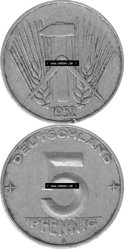 DDR Münze 1948-1990 Umlaufmünze / Kursmünze in Grau 1952-1953, A 5 Pfennig 1952 (Stück 2) Graustufen, sich 5 / Fünf Pfennig-Stücke,... Sammlung
