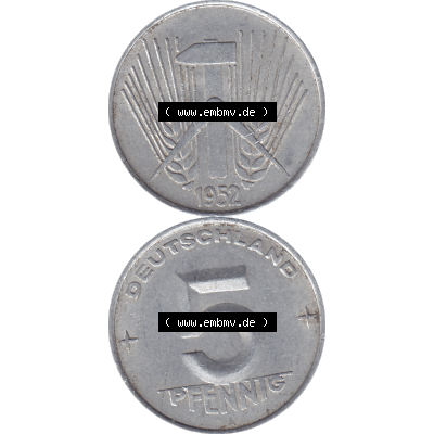 DDR Münze 1948-1990 Umlaufmünze / Kursmünze 1952-1953, Mzz. A für Berlin der DDR 5 Pfennig 1952-01. Bildmaterial als transparente PNG-Grafik mit der Vorderseite... Sammlung