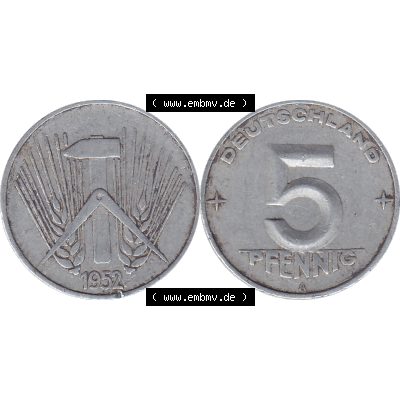 DDR Münze 1948-1990 Umlaufmünze / Kursmünze 1952-1953, Mzz. A für Berlin der DDR 5 Pfennig 1952-02. Bildmaterial als transparente PNG-Grafik mit der Vorderseite... Sammlung