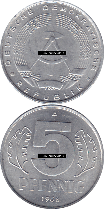 DDR Münze 1948-1990 Umlaufmünze / Kursmünze 1968-1990, Mzz. A für Berlin der DDR 5 Pfennig 1968, 5 / Fünf Pfennig-Stücke Sammlung