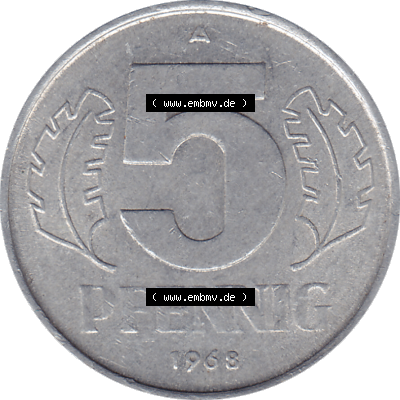 DDR Münze 1948-1990 Umlaufmünze / Kursmünze 1968-1990, Mzz. A für Berlin der DDR 5 Pfennig 1968, Fünf Pfennig DDR (GDR) Münzen Sammlung