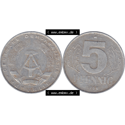 DDR Münze 1948-1990 Umlaufmünze / Kursmünze 1968-1990, Mzz. A für Berlin der DDR 5 Pfennig 1968-03. Bildmaterial als transparente PNG-Grafik mit der Vorderseite... Sammlung
