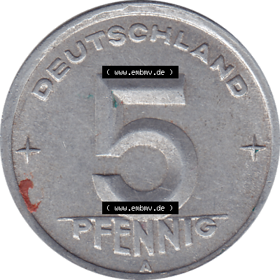 DDR Münze 1948-1990 Umlaufmünze / Kursmünze 1948-1950, Mzz. A für Berlin der DDR 5 Pfennig 1949-01. Bildmaterial als transparente PNG-Grafik mit der Rückseite... Sammlung