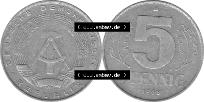 DDR Münze 1948-1990 Umlaufmünze / Kursmünze in Grau 1968-1990, A 5 Pfennig 1968 (Stück 3) Graustufen, sich 5 / Fünf Pfennig-Stücke,... Sammlung