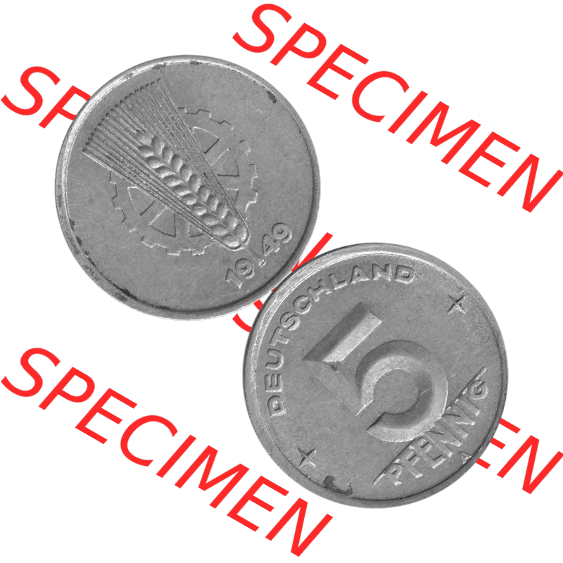 DDR Münze 1948-1990 Umlaufmünze / Kursmünze in Grau 1948-1950, A 5 Pfennig 1949-01 Graustufen. Bildmaterial als transparente Graustufen - s/w - Grau - Schwarzweiß... Sammlung