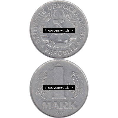 DDR Münze 1956-1990 Umlaufmünze / Kursmünze 1972-1990, A 1 Mark 1977-10. Bildmaterial als transparente PNG-Grafik mit der Vorderseite und Rückseite vertikal untereinander... Sammlung