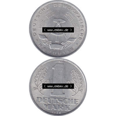 DDR Münze 1956-1990 Umlaufmünze / Kursmünze 1956-1963, A 1 Deutsche Mark 1956-09. Bildmaterial als transparente PNG-Grafik mit der Vorderseite und Rückseite vertikal... Sammlung
