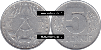 DDR Münze 1948-1990 Umlaufmünze / Kursmünze 1968-1990, Mzz. A für Berlin der DDR 5 Pfennig 1968, 5 / Fünf Pfennig-Stücke Sammlung