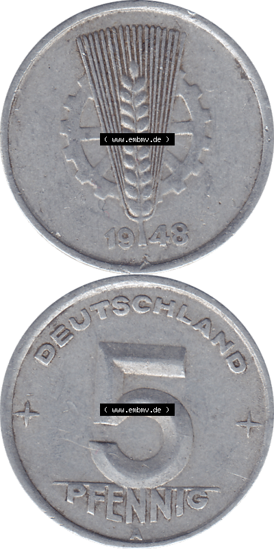 DDR Münze 1948-1990 Umlaufmünze / Kursmünze 1948-1950, Mzz. A für Berlin der DDR 5 Pfennig 1948, 5 / Fünf Pfennig-Stücke Sammlung