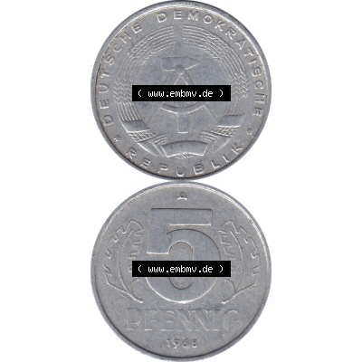 DDR Münze 1948-1990 Umlaufmünze / Kursmünze 1968-1990, Mzz. A für Berlin der DDR 5 Pfennig 1968-01. Bildmaterial als transparente PNG-Grafik mit der Vorderseite... Sammlung