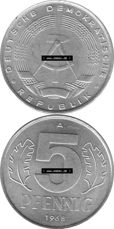 DDR Münze 1948-1990 Umlaufmünze / Kursmünze in Grau 1968-1990, A 5 Pfennig 1968 (Stück 6) Graustufen, sich 5 / Fünf Pfennig-Stücke,... Sammlung