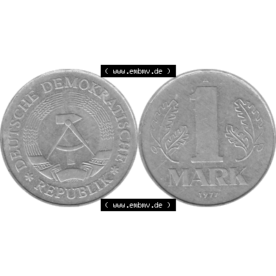 DDR Münze 1956-1990 Umlaufmünze / Kursmünze 1972-1990, A 1 Mark 1977-10 Graustufen. Graustufen Bildmaterial als transparente PNG-Grafik mit der Vorderseite und Rückseite... Sammlung
