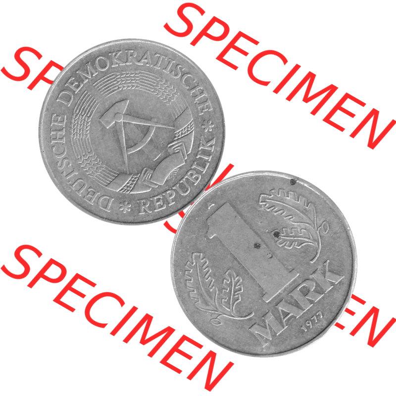 DDR Münze 1956-1990 Umlaufmünze / Kursmünze 1972-1990, A 1 Mark 1977-09 Graustufen. Bildmaterial als transparente Graustufen PNG-Grafik mit der Vorderseite und Rückseite... Sammlung