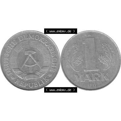 DDR Münze 1956-1990 Umlaufmünze / Kursmünze 1972-1990, A 1 Mark 1977-11 Graustufen. Graustufen Bildmaterial als transparente PNG-Grafik mit der Vorderseite und Rückseite... Sammlung